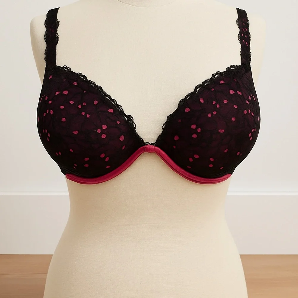 Cacique Black & Pink Lace Underwire Bra 42C • Lined Cups - Picture 3 of 6